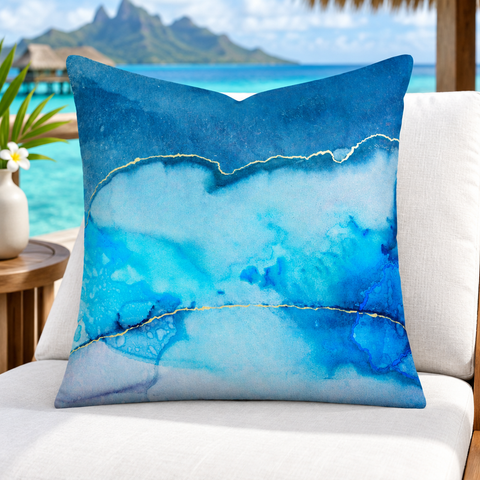 Beautiful Marble blue pillow upright on a Bora Bora villa deck