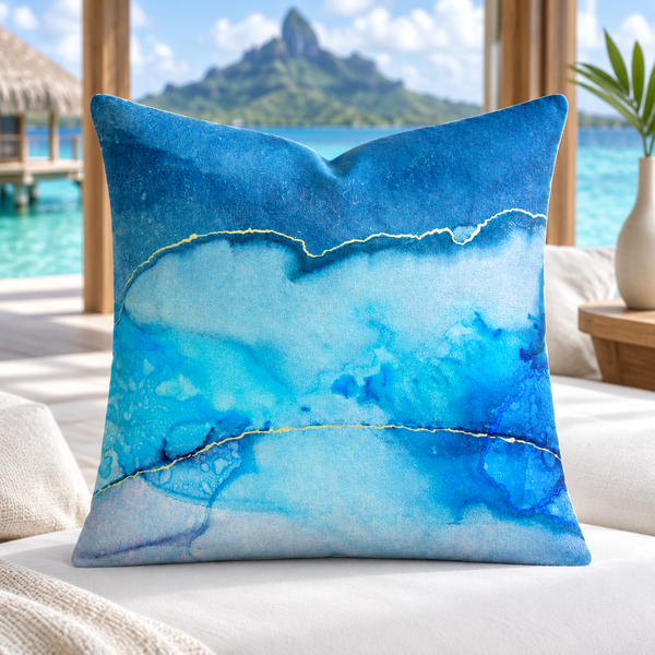 Beautiful Marble blue pillow upright on a daybed in a Bora Bora overwater villa