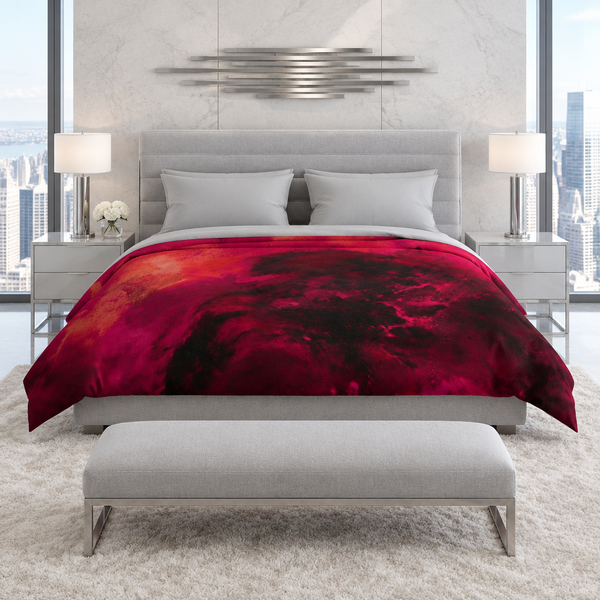 Berry comforter in a cool pearl-gray luxury penthouse suite
