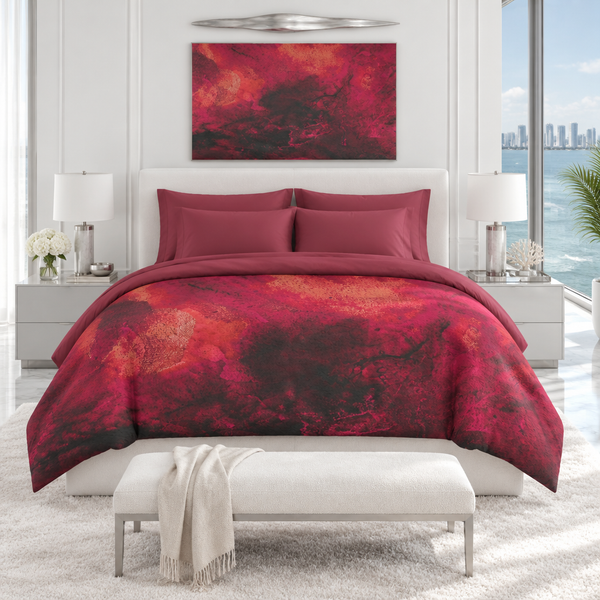 Berry comforter in a Miami suite with softly colored berry bedding