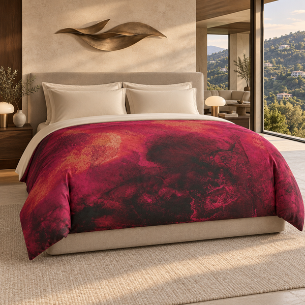 Berry comforter in a warm luxury hillside suite