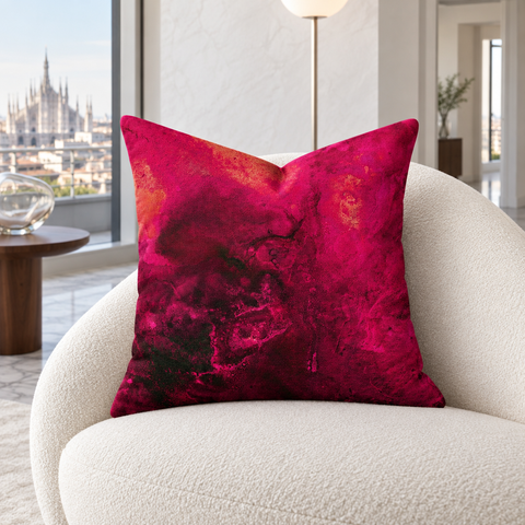 Berry pillow on a chair in a Milan penthouse