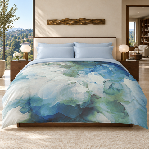 Blue Petals comforter in a light-filled luxury suite
