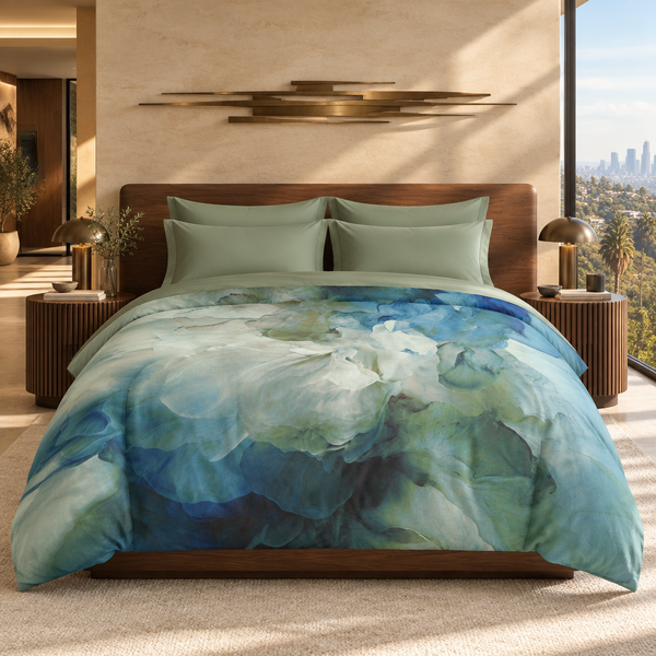 Blue Petals in a modern mansion suite with bronze sculpture