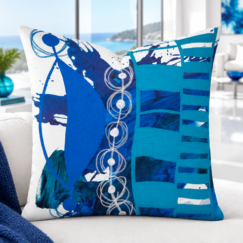 Bright crisp-white minimalist luxury villa with colorful accents, closer view #2 - Blue 1