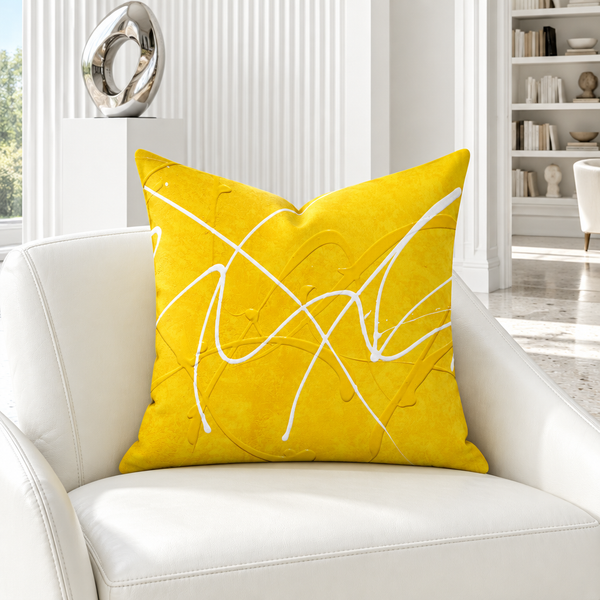 Bright Sunshine pillow in a bright-white gallery room