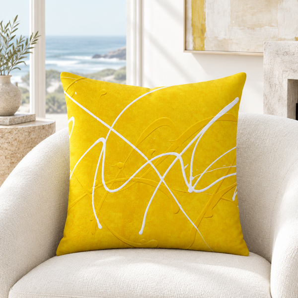 Bright Sunshine pillow in a white coastal residence