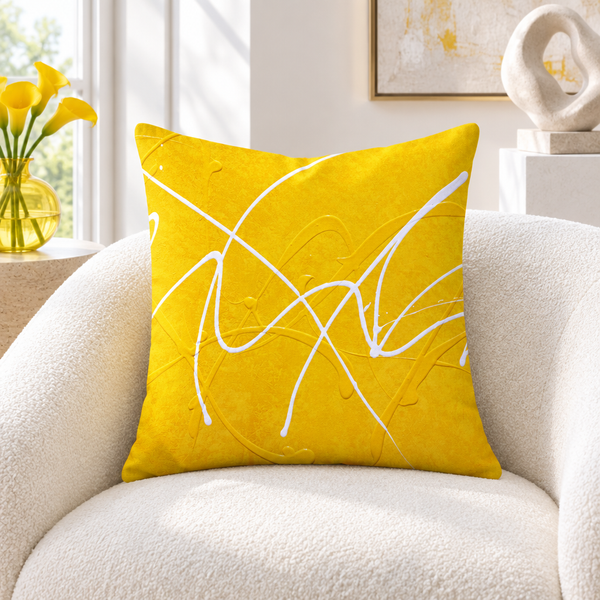 Bright Sunshine pillow in a white collector gallery room