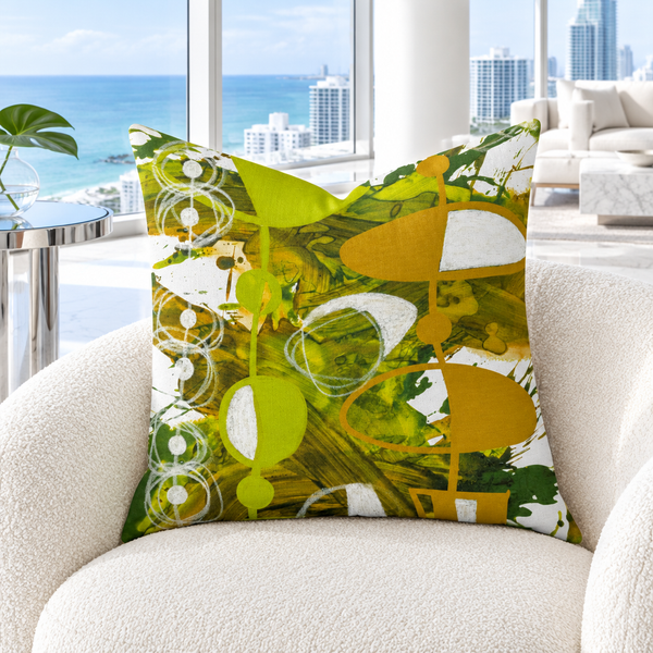 Chartreuse and Yellow Ochre 3 pillow in a cool bright white coastal room