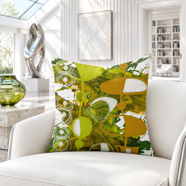 Chartreuse and Yellow Ochre 3 pillow in a cool bright white gallery room
