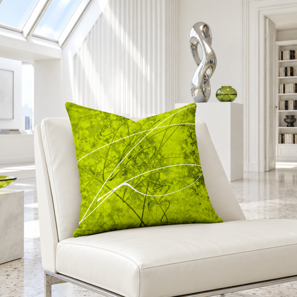 Chartreuse pillow in a bright-white gallery room