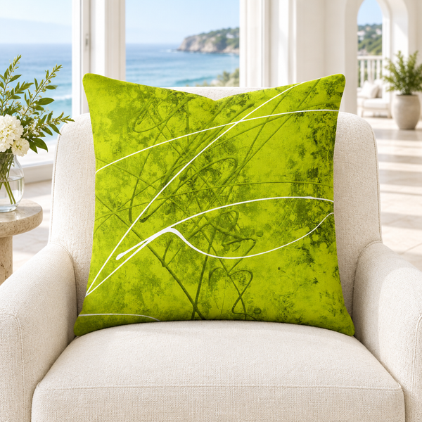 Chartreuse pillow in a white coastal residence