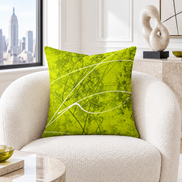 Chartreuse pillow in a white Manhattan apartment
