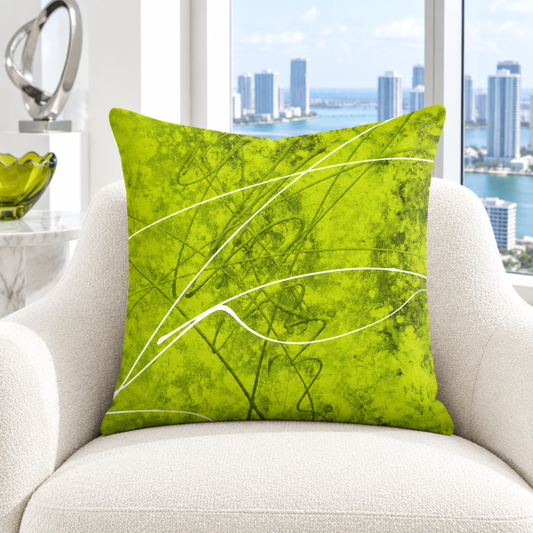 Chartreuse pillow in a white Miami penthouse