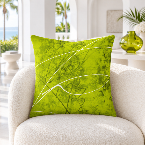 Chartreuse pillow in a white Palm Beach villa