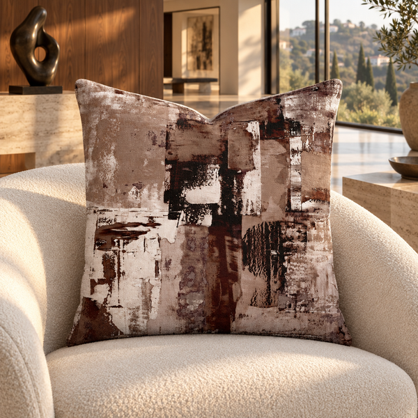 Chocolate pillow in a warm Hollywood Hills walnut-and-travertine room