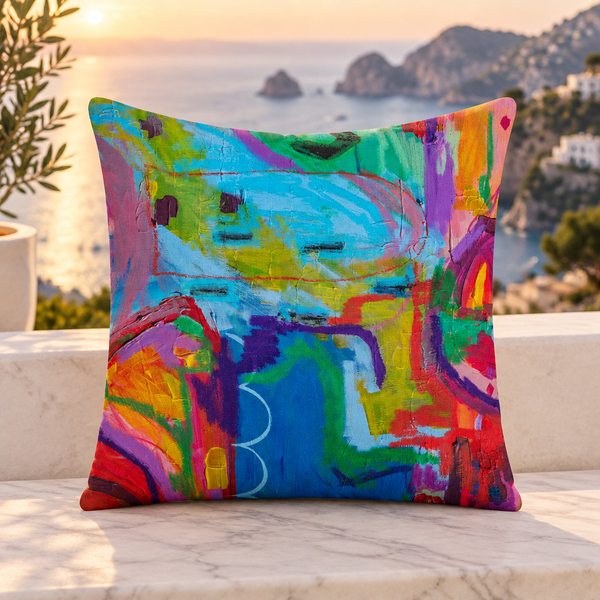 Close-up lifestyle photo of the Destination Happiness 22x22 pillow with its front artwork on a Capri terrace at sunset
