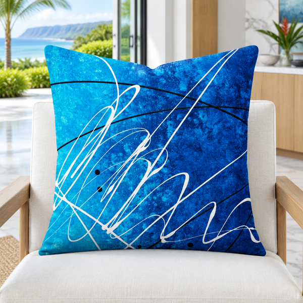 Close-up Ocean Breeze pillow in a modern Kauai resort suite