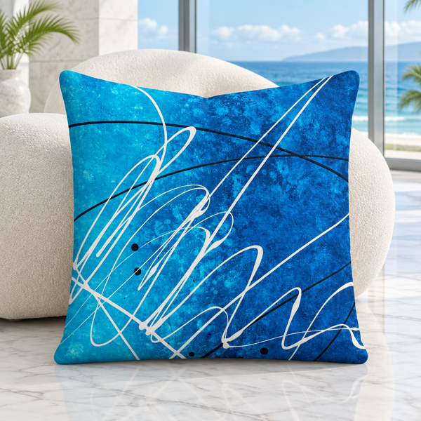 Close-up Ocean Breeze pillow in a modern Maui villa