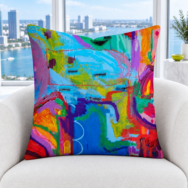 Closer Destination Happiness pillow preview, city-and-water reading nook