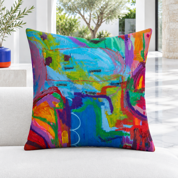 Closer Destination Happiness pillow preview, white courtyard villa