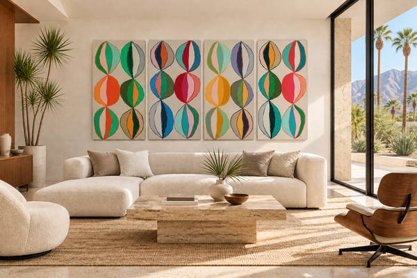 Colors four-panel painting in a Palm Springs room with neutral pillows