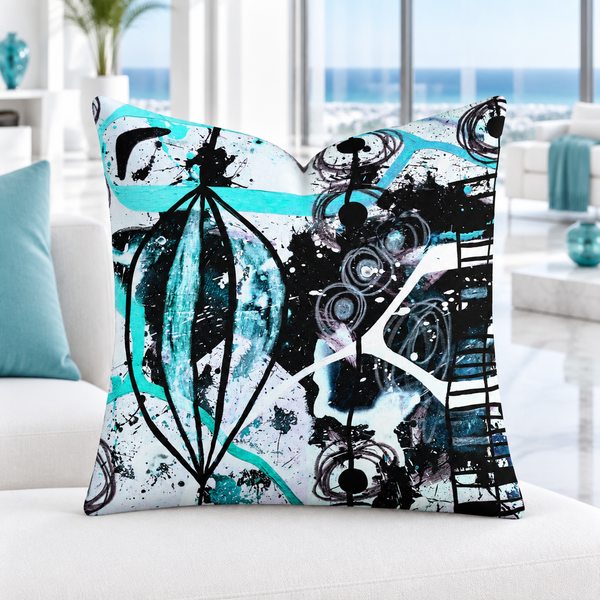 Cool-white marble resort suite with matching aqua accents