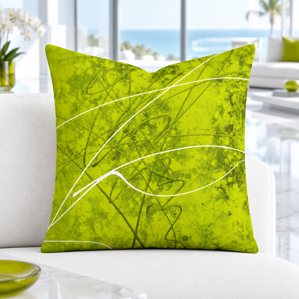 Cool-white marble resort suite with matching chartreuse accents