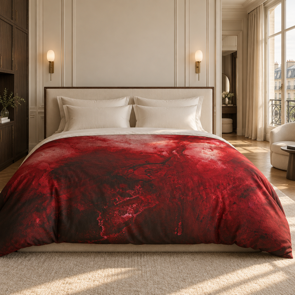 Crimson comforter in a contemporary Parisian luxury suite