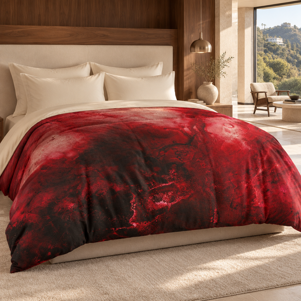 Crimson comforter in a warm walnut-and-ivory collector’s suite