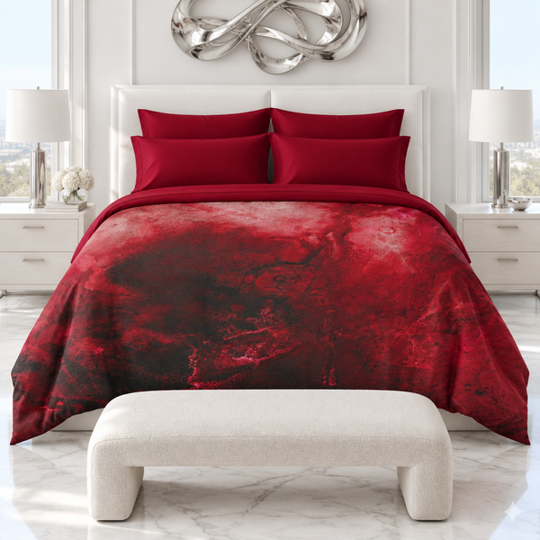 Crimson comforter in a white marble suite with deep-crimson bedding