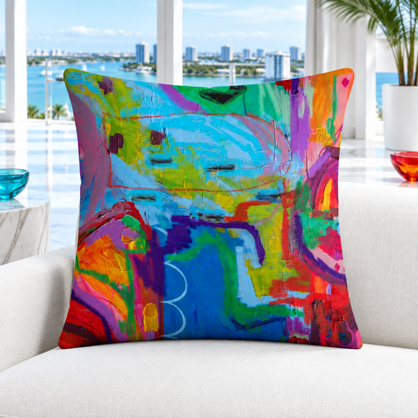 Destination Happiness 22x22 front pillow, Palm Beach penthouse
