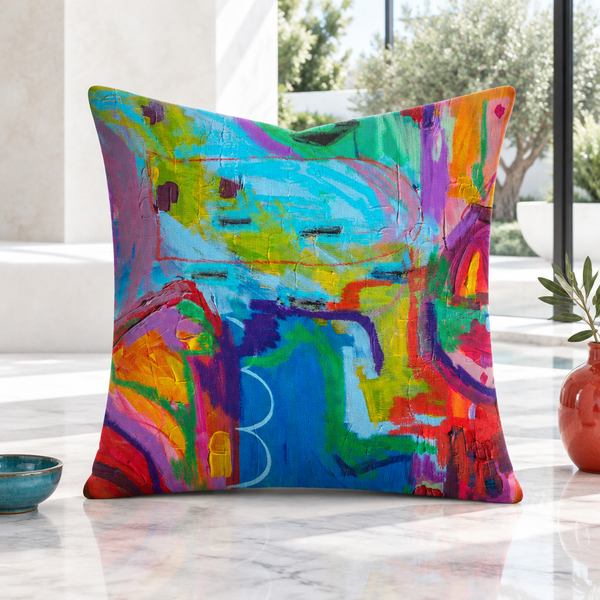 Destination Happiness 22x22 front pillow, white courtyard villa