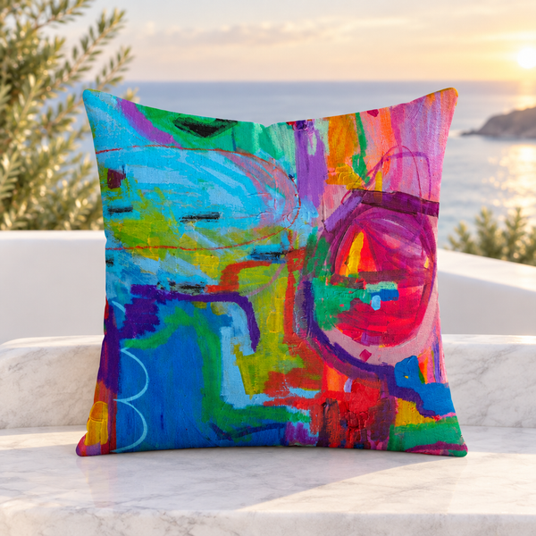 Destination Happiness front pillow, close-up coastal lounge