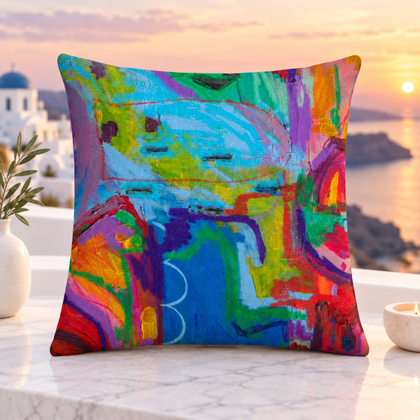 Destination Happiness front pillow, Santorini sunset