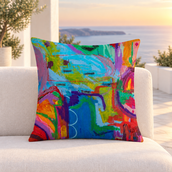 Destination Happiness pillow close-up, bright coastal loggia