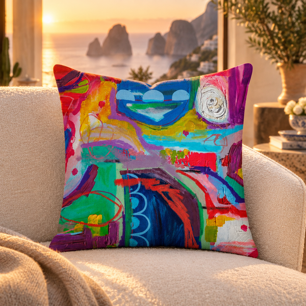 Destination Happiness pillow close-up in a Capri villa at sunset