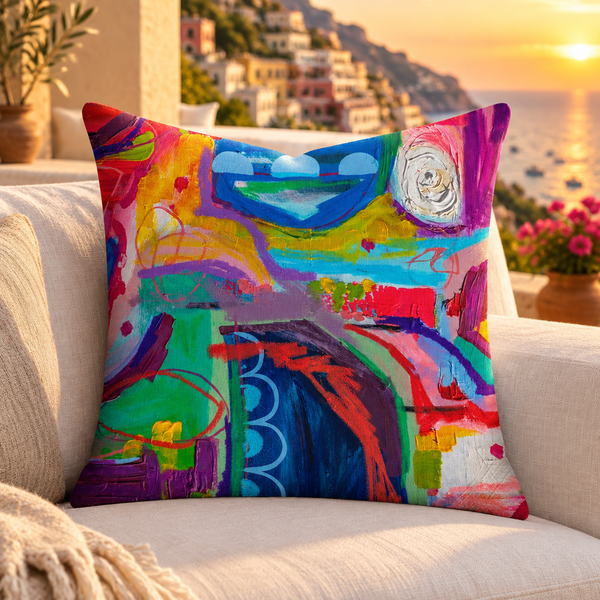 Destination Happiness pillow close-up in a Positano villa at sunset