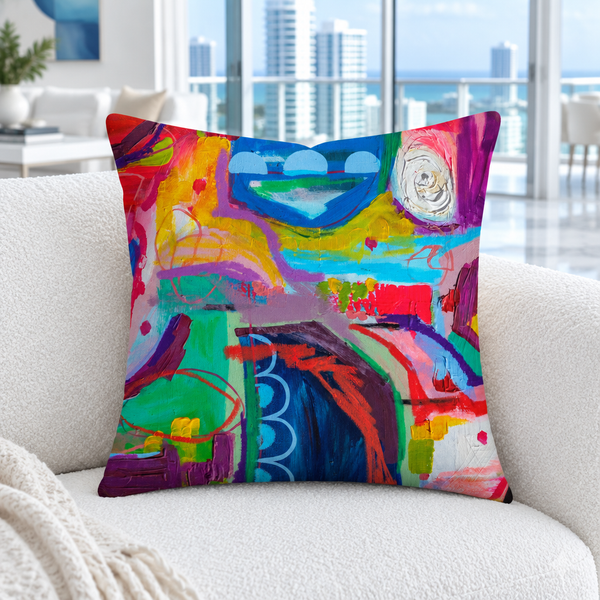 Destination Happiness pillow close-up in a white Miami Beach condo