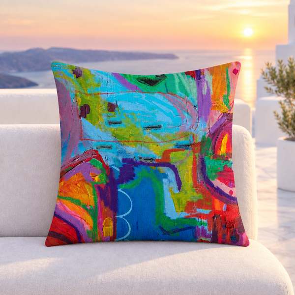 Destination Happiness pillow close-up, sunset terrace