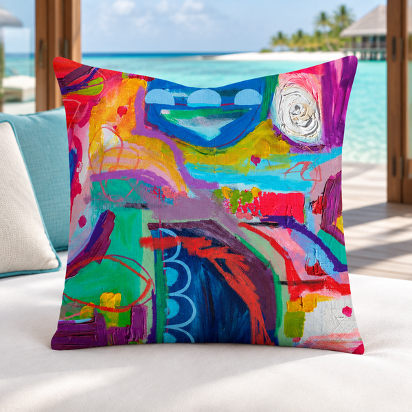 Destination Happiness pillow upright in a Maldives overwater villa