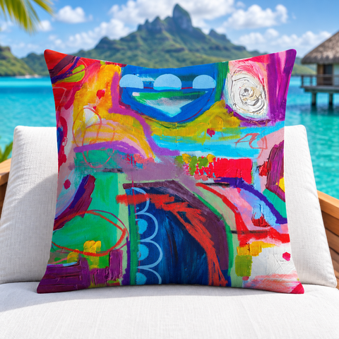 Destination Happiness pillow upright on a Bora Bora villa deck