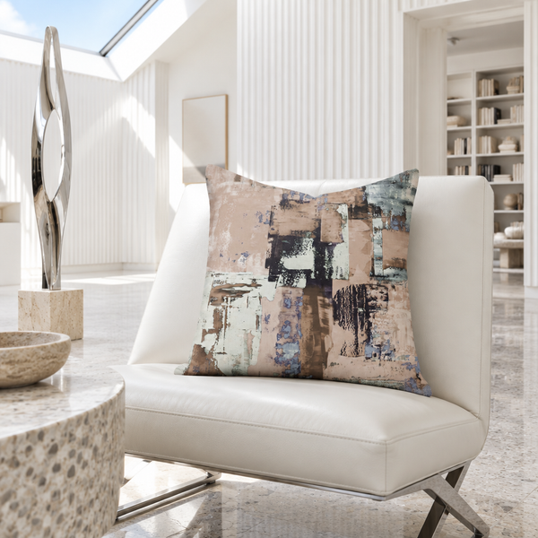 Earthy pillow in a bright-white gallery room