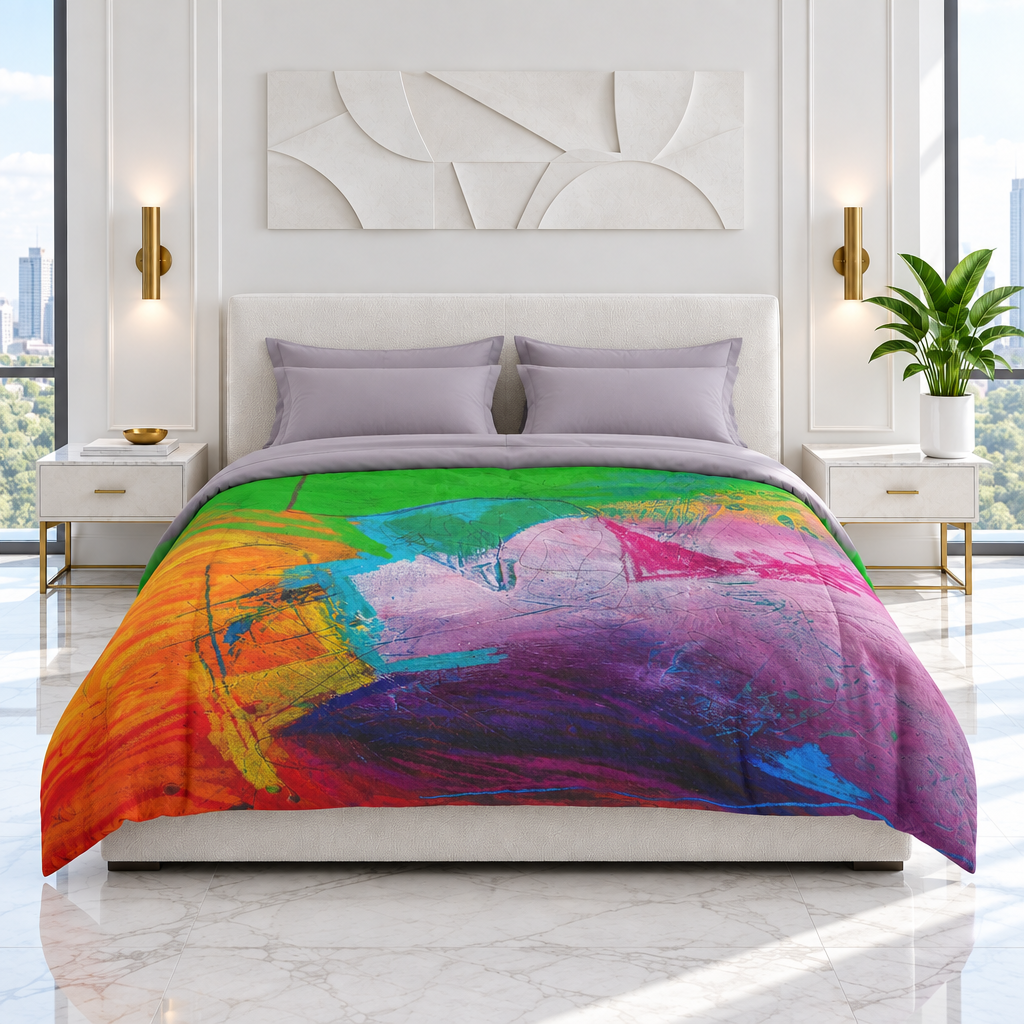 Emotions 3 in a recreated white luxury room with gray-lavender bedding