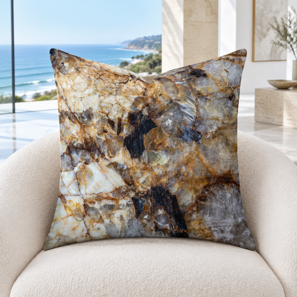 Granite pillow close-up in a modern white Malibu mansion with marble floors
