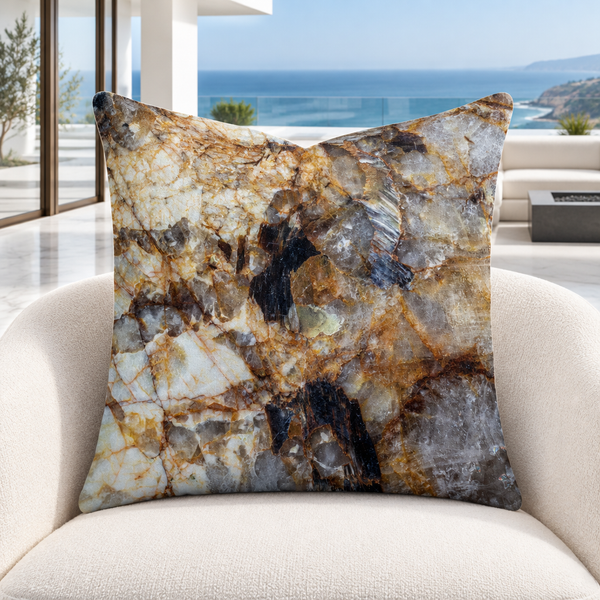 Granite pillow close up on a sculptural white chair in a Malibu home