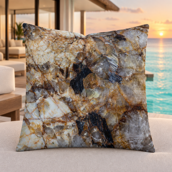 Granite pillow in a modern Maldives villa at understated sunset