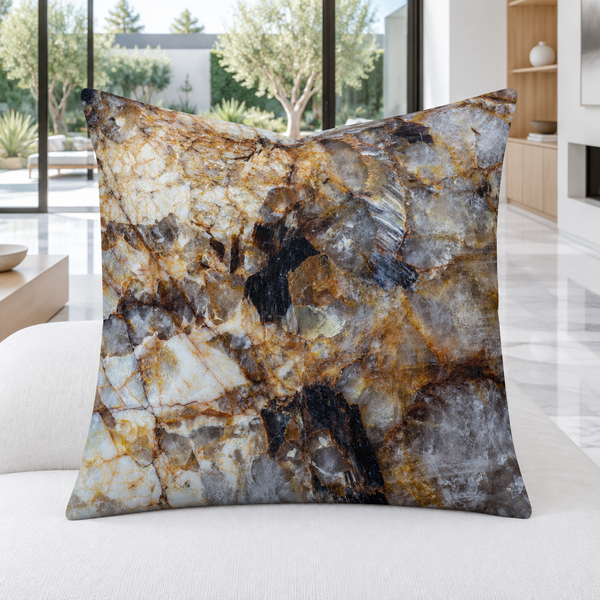 Granite pillow on a white modern daybed in a bright Malibu home