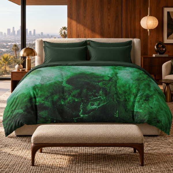 Green Energy comforter in a Hollywood Hills mid-century suite