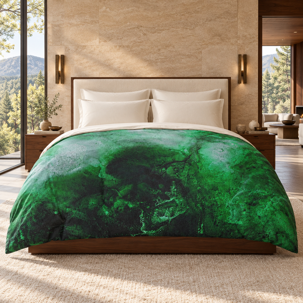 Green Energy comforter in a luxury glass-pavilion retreat